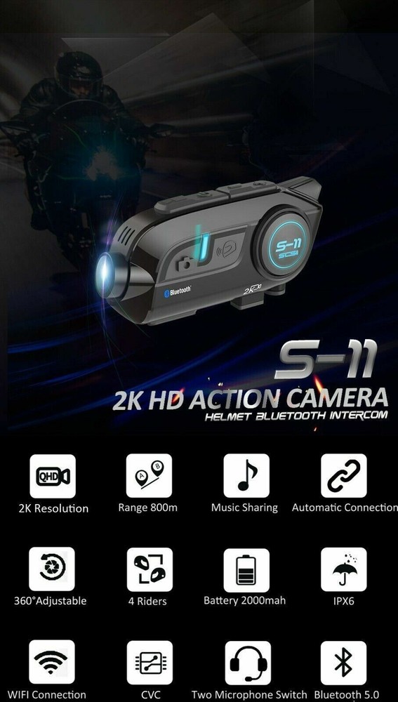 SCS S-11 Bluetooth Intercom With Integral 2K HD Action Video Camera