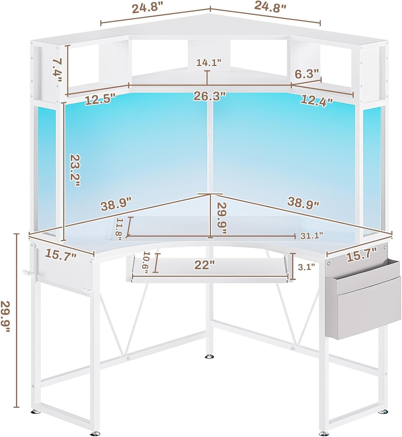 Corner Desk, Small Computer Desk with Hutch &LED Lights Small Office Desk, White