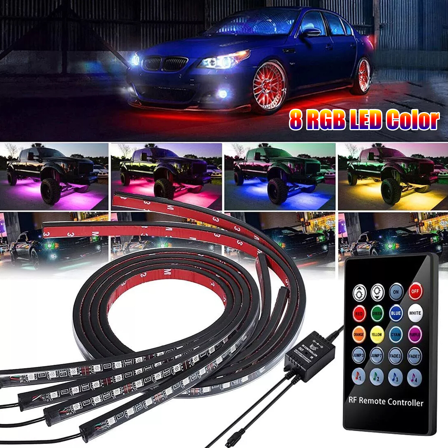 4 Pack RGB Under Car Strip Light Kit LED Neon Tube Underglow Underbody System