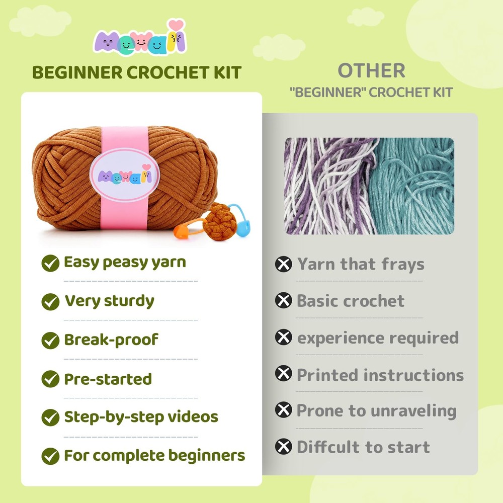 Crochet Kit for Beginners Level 1 with 40% Extra Eco-Friendly Pre-Started Eas...