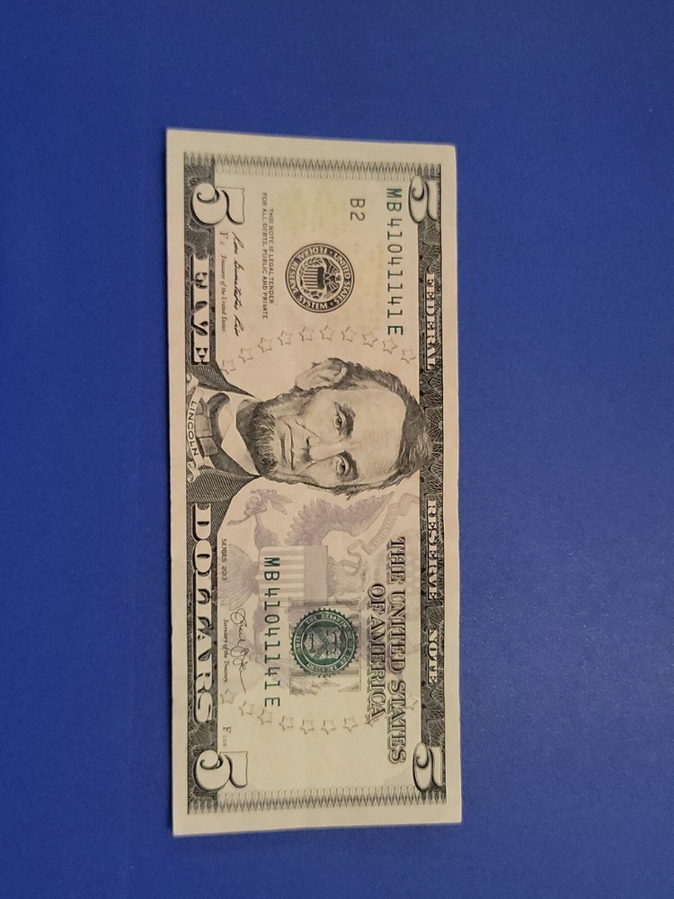 $FIVE DOLLAR BILL Trinary Repeater Fancy Serial Number with bleed through error!