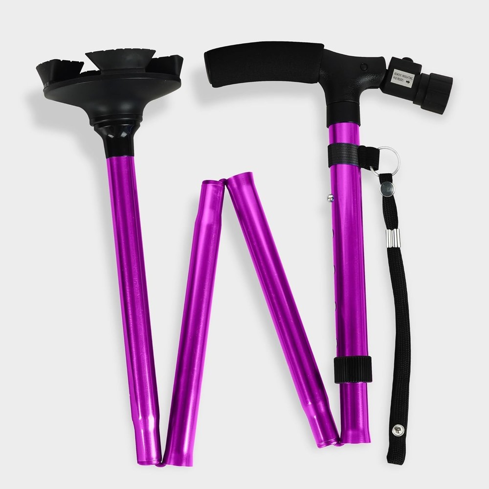 Portable Purple Folding Cane with LED Light and Adjustable Height for Easy Use