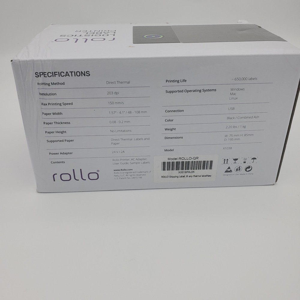 Rollo ROLLO-QR Label Printer X1038 Gray with Power & USB Cables