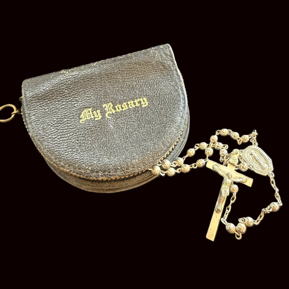 Vintage All Sterling Silver Bead & Component 17" Catholic Rosary w Case