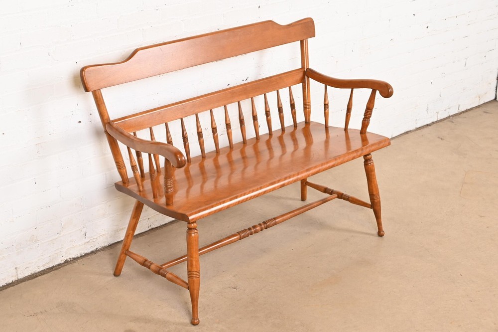 Ethan Allen American Colonial Carved Solid Maple Spindle Bench