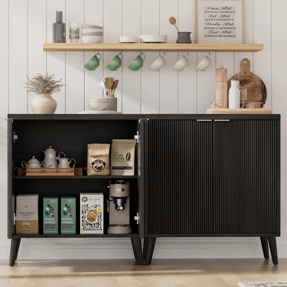 Buffet Cabinet W/ Storage Modern Fluted Accent Sideboard W/ Doors & Adjustable