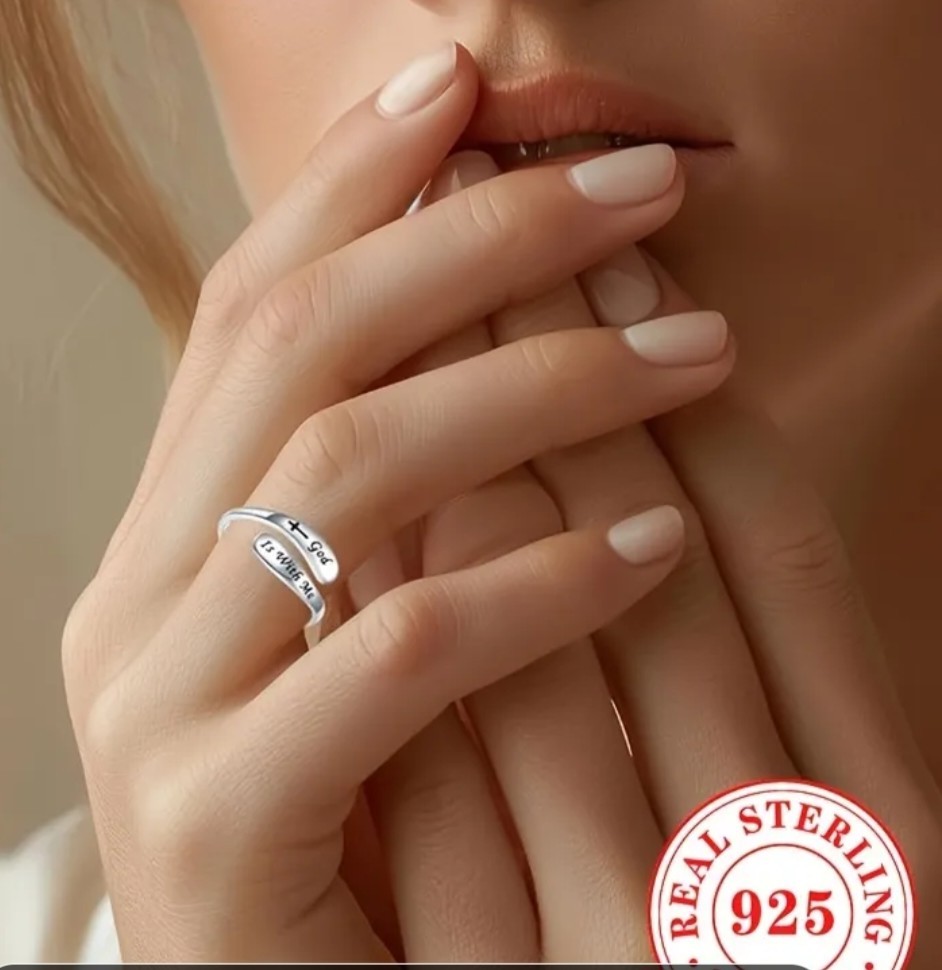 Solid 925 Sterling Silver Adjustable Ring with "God is with me" engraved