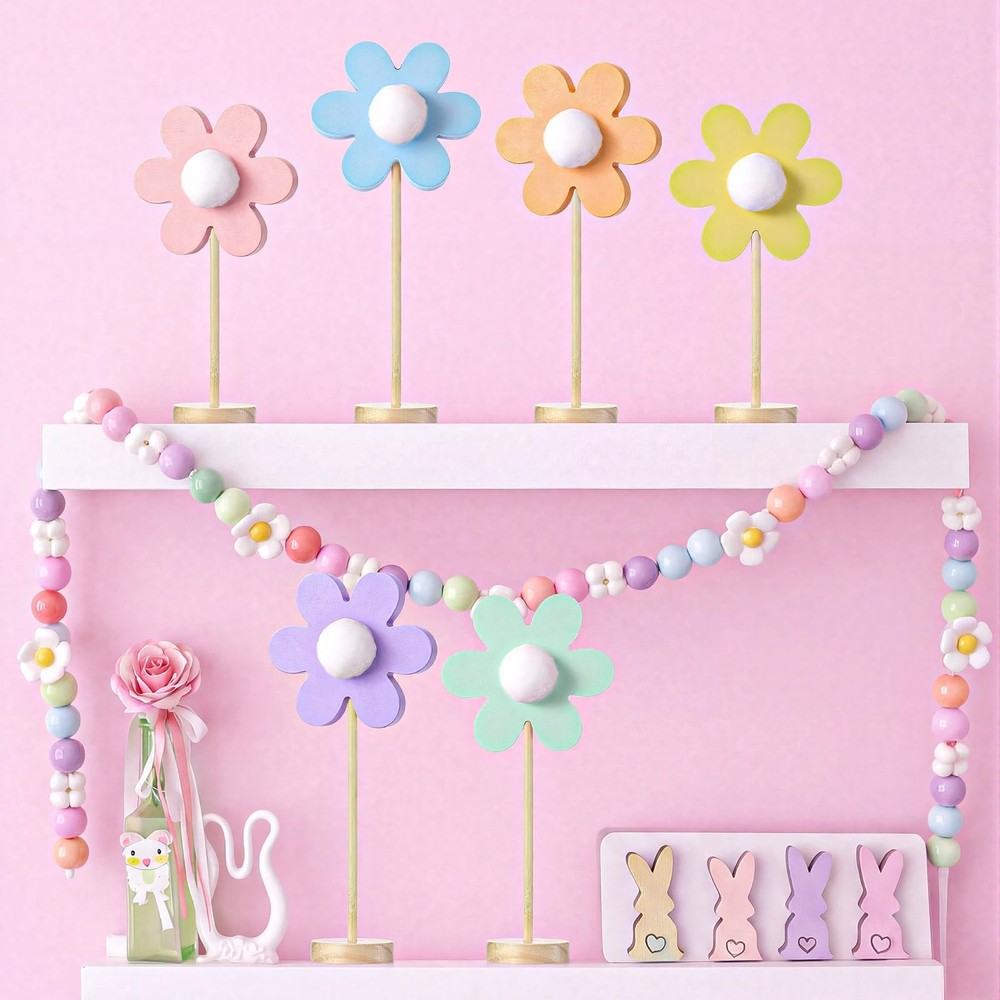 6 Pack Pastel Spring Table Decorations Daisy Centerpieces for Tables Easter Wood
