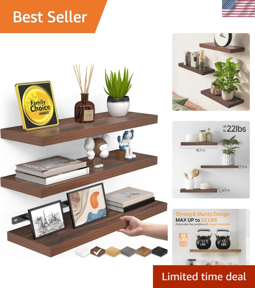 Set of 3 Floating Shelves - Rustic Walnut-Like Wall Mounted Storage Solution