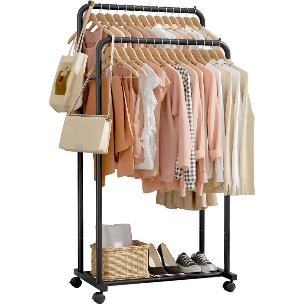 Versatile Hanging Clothes Rack with Storage Shelf & 360-Degree Casters, Black