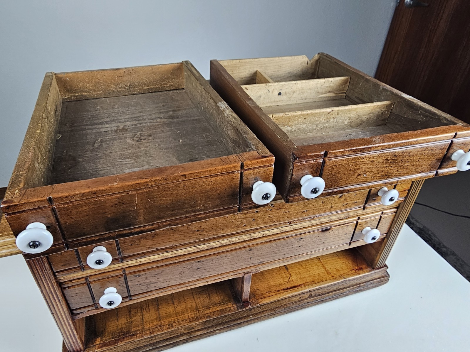 Vintage Wooden Spool Cabinet Craft Sewing Box Organizer Drawers Rustic Storage