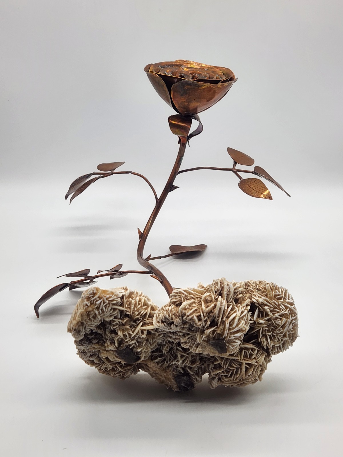 Copper Rose Sculpture w/Desert Sand Rose Crystal ~ 13" H x 10" L x9" W