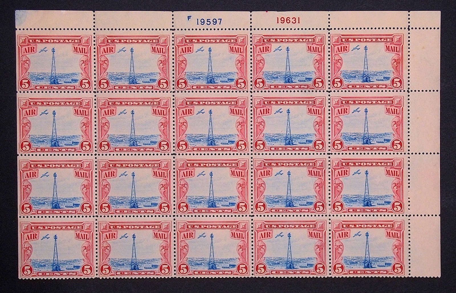lss USA C11 1928 Beacon Airmail MNH VF Plate Block of 20 'No TOP' Very Rare!!