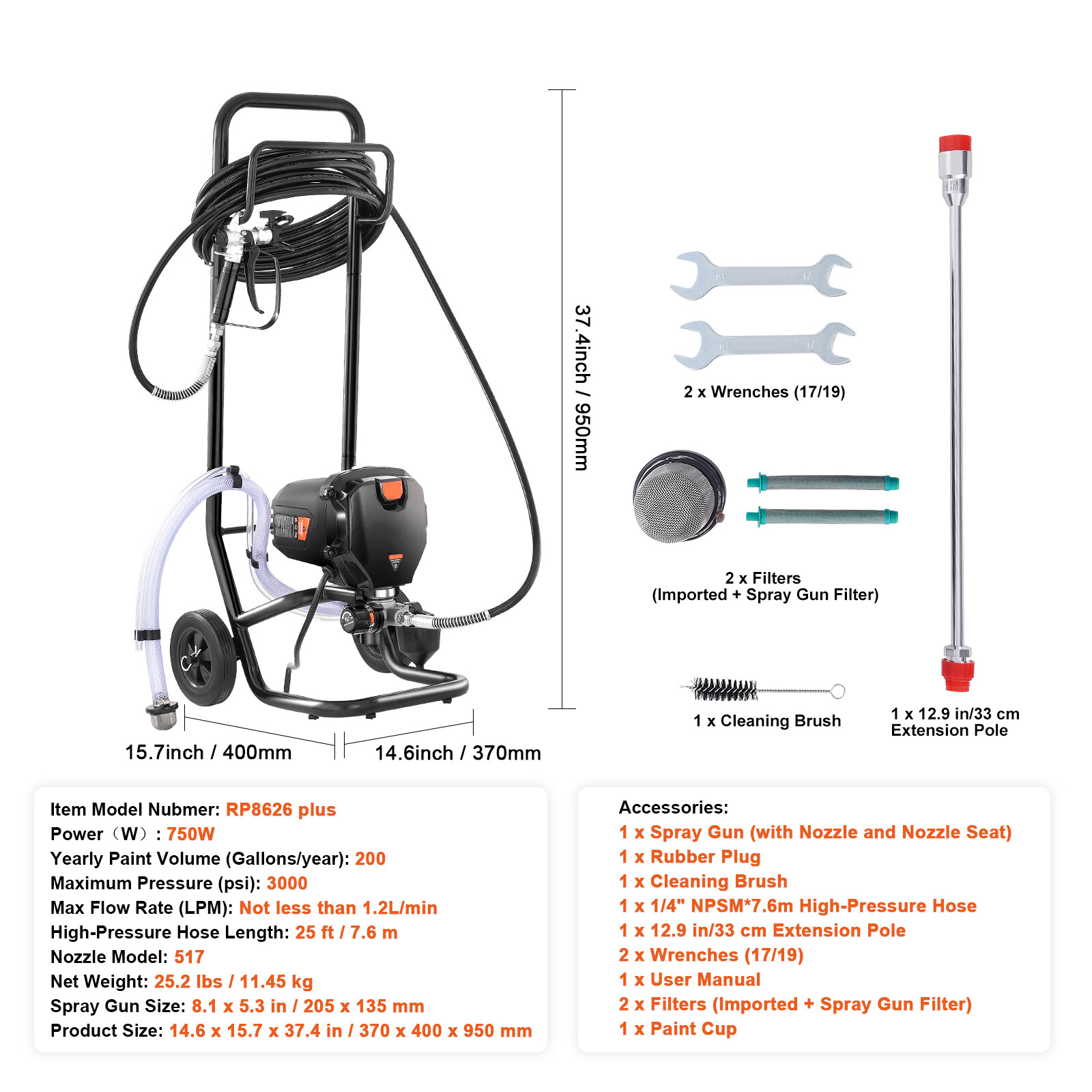 Electric Stand Airless Paint Sprayer 750W 3000PSI Paint Sprayer With Cart