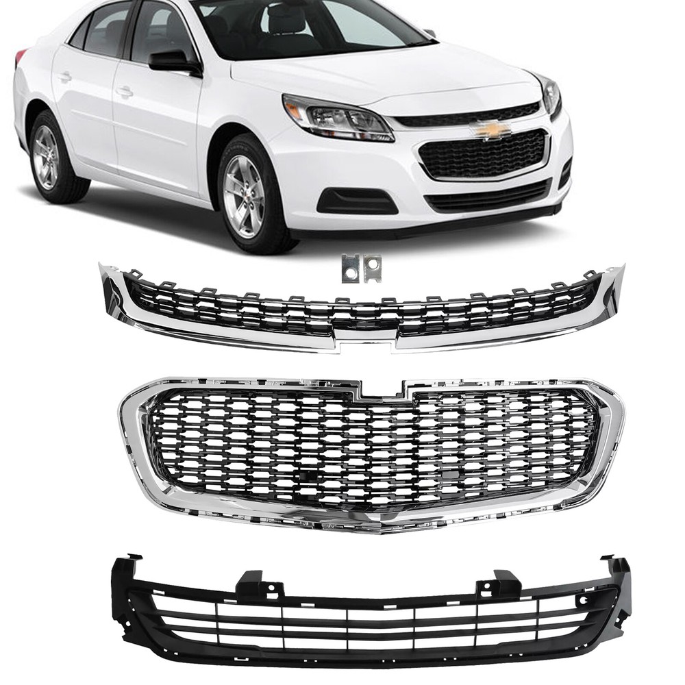 Fits 2014-2016 Chevrolet Malibu Front Upper Center Lower Grille Grill Set 3pcs