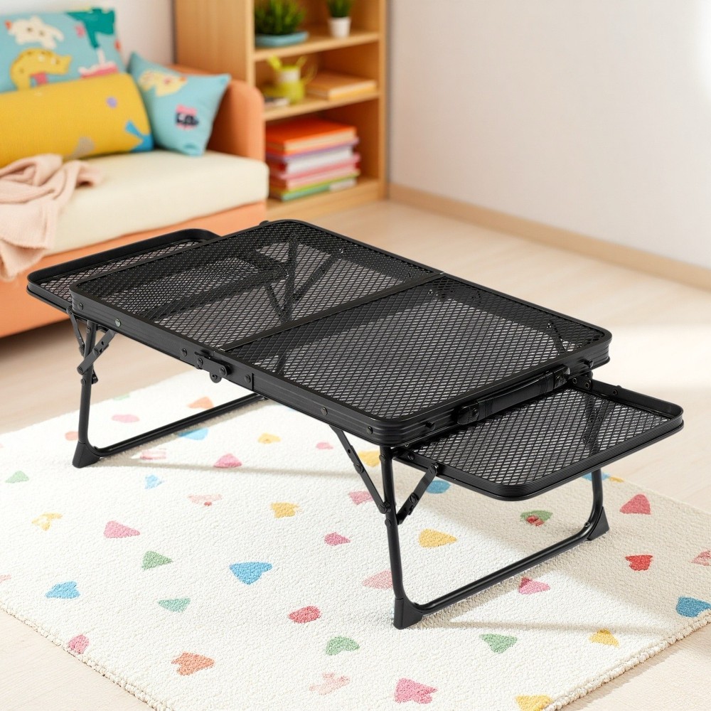 3ft Folding Camping Wire Mesh Table - Side Wings Adjustable Aluminum Frame Black