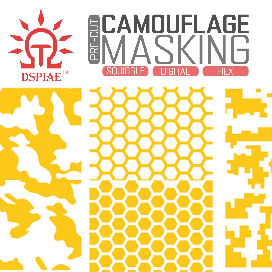 DSPIAE: Precut Camo Masking Tape - Hexagonal / Digital / Squiggle Camouflage