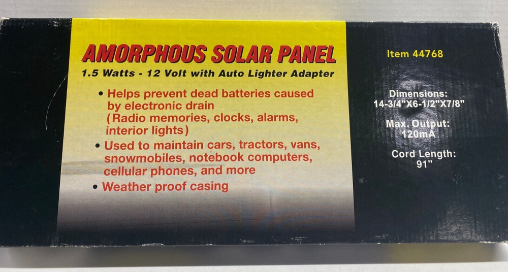 Amorphous Silicon Solar Panel 12 Volt with Auto Lighter Adapter