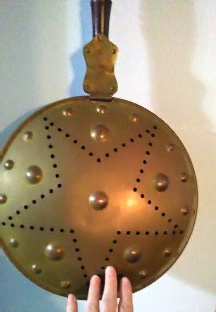 Antique brass bed warmer 19th c. decorated turned maple handle
