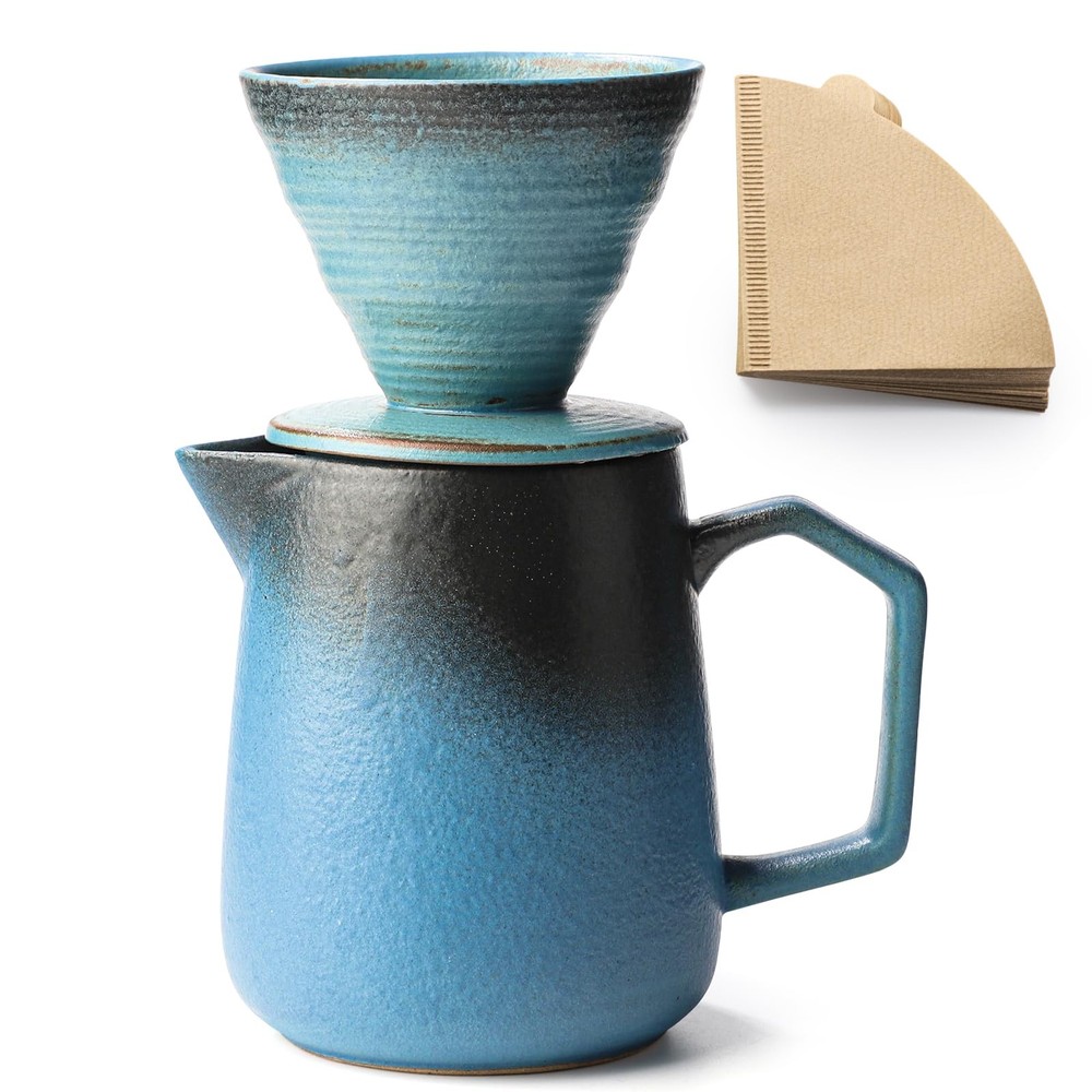 Pour Over Coffee Maker, Blue Ceramic Coffee Dripper 20oz/620ml, with 50 pcs V...