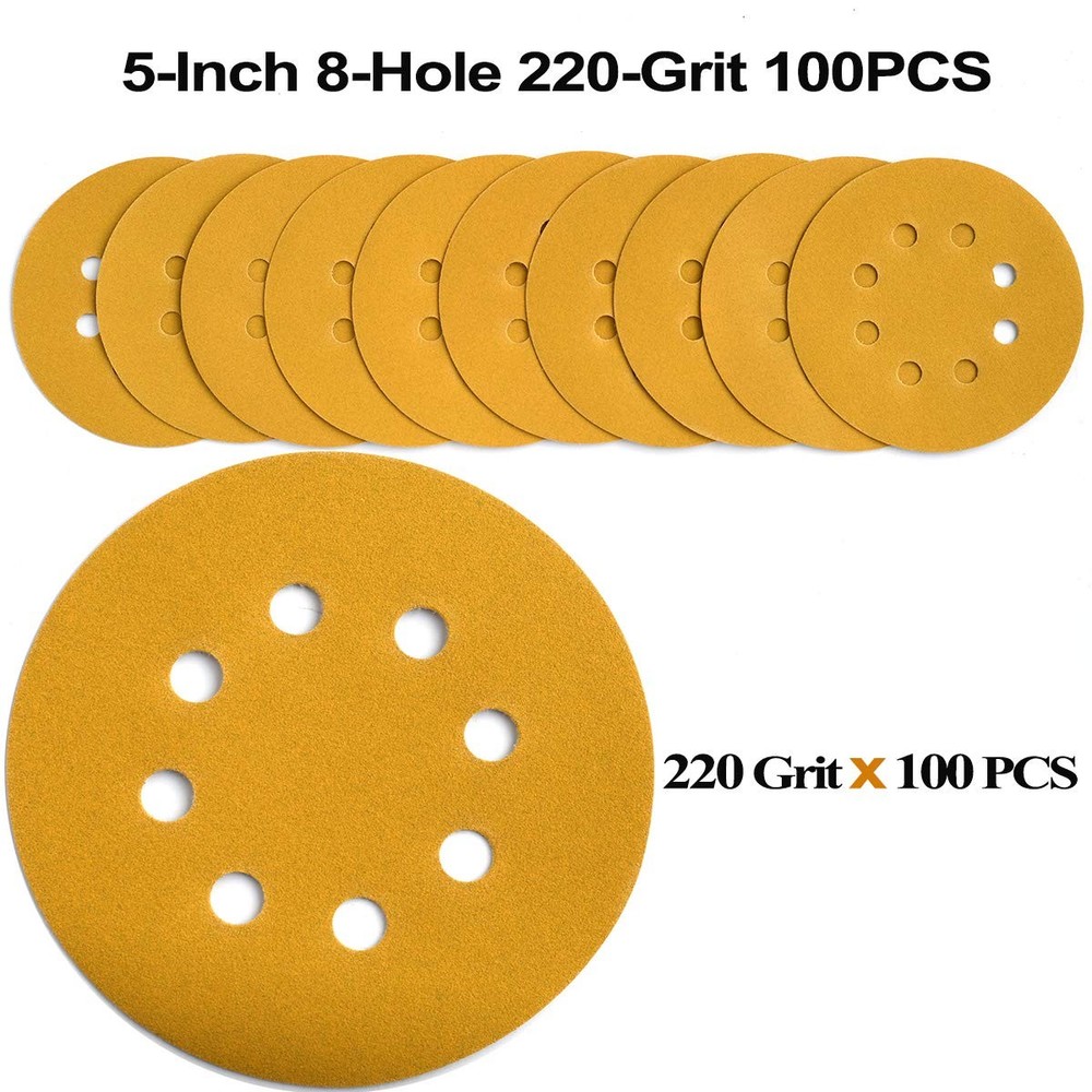 100PCS 5 inch Sanding Discs 220 Grit Hook Loop 8-Hole Sandpaper Hook and Loop