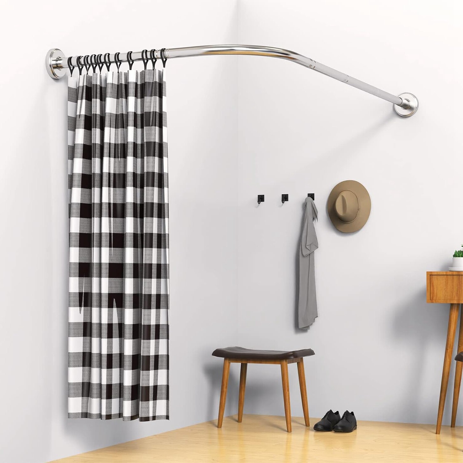 Adjustable Shower Curtain Rod Stainless Steel L Shaped for Bathroom Corner Rack