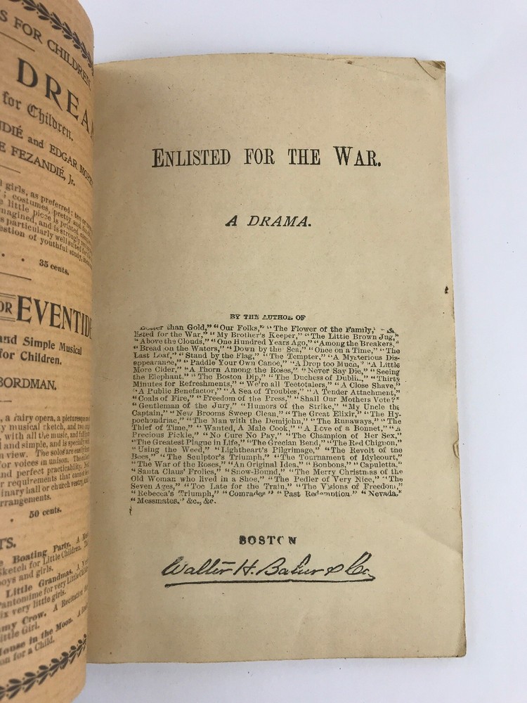 1889 Play Book Script "Enlisted For The War" Bakers Dramatic Publishing Chicago