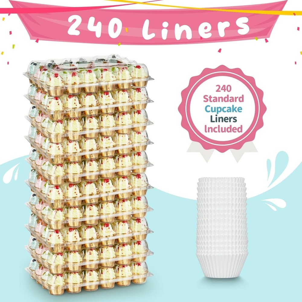 24 Pack x 10 Sets Stackable Cupcake Carrier Holders with 240 Pack Cupcake Lin...