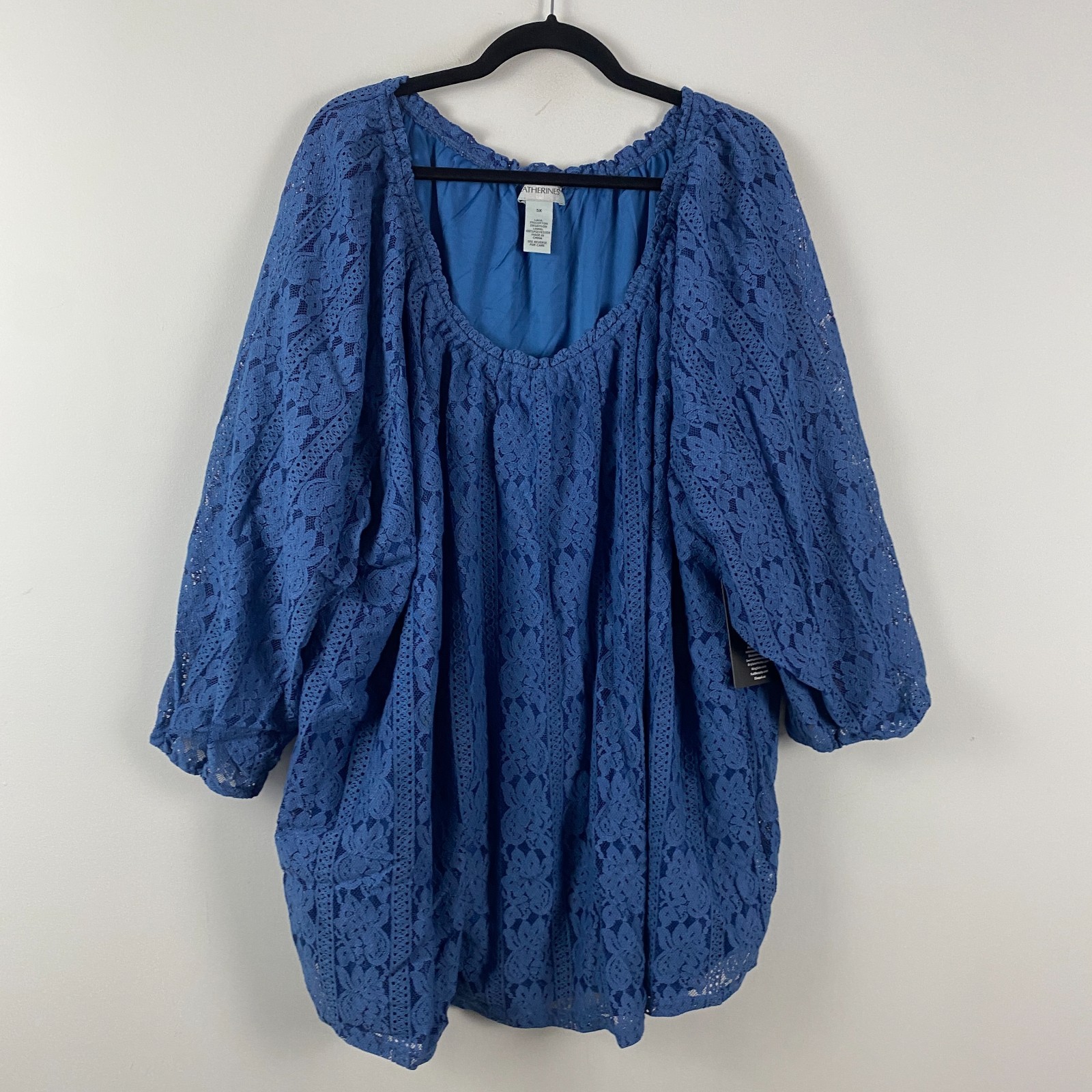 Catherines Stretch Lace Peasant Blouse Size 5X Blue 3/4 Sleeves Lined