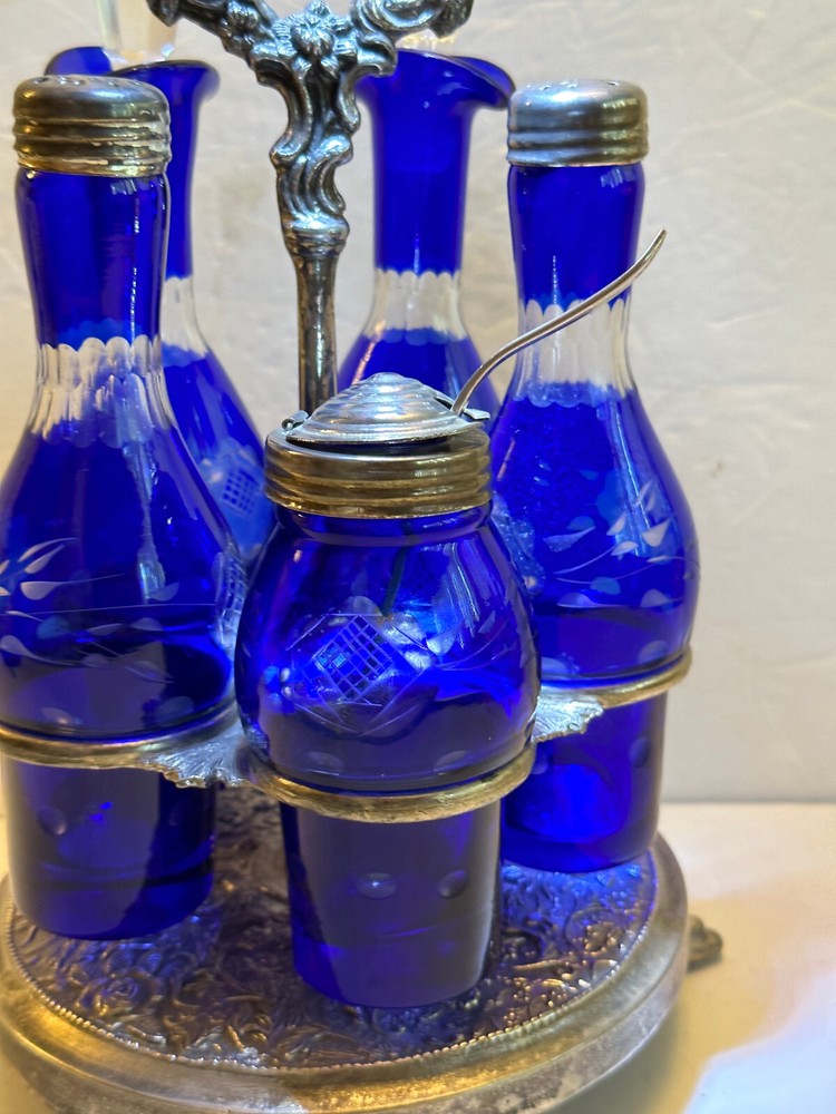 COBALT CUT TO CLEAR CONDIMENT, CASTER SET