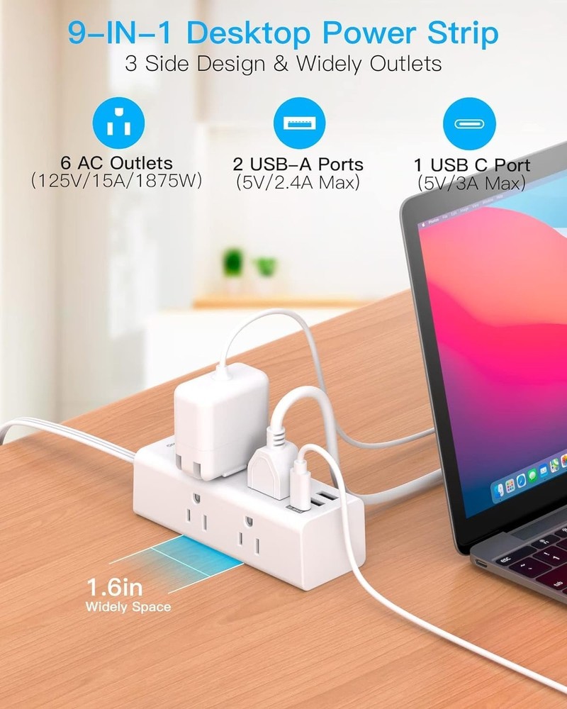 5Ft Extension Cord with Multiple Outlets, Flat Plug Power Strip Surge Protect...
