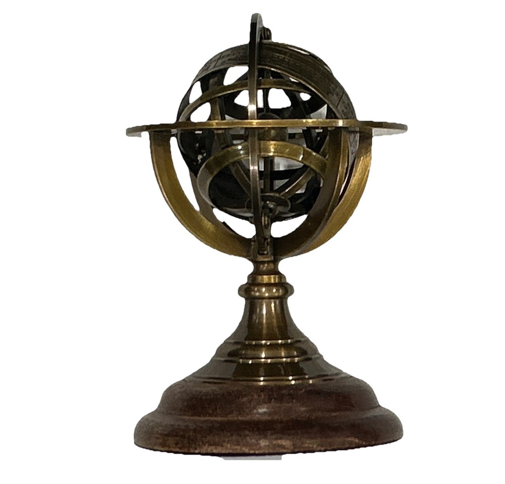 SOLID BRASS ARMILLARY WITH WOODEN BASE