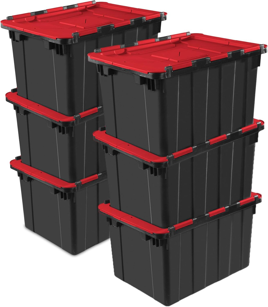 6 Pack Stackable 12 Gal Totes with Hinged Lids - Black/Red Storage Bins