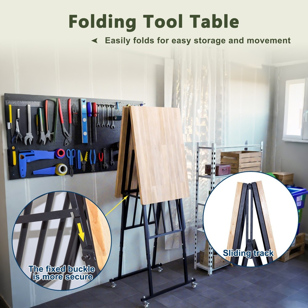 68.5" Foldable Hardwood Workbench Adjustable Solid Wood Top Workbench w/ Wheels