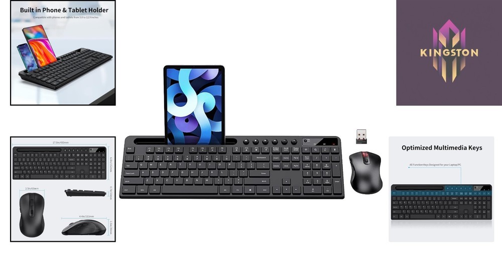 Ergonomic Wireless Keyboard with Tablet Holder & Silent 6-Button Mouse - Black