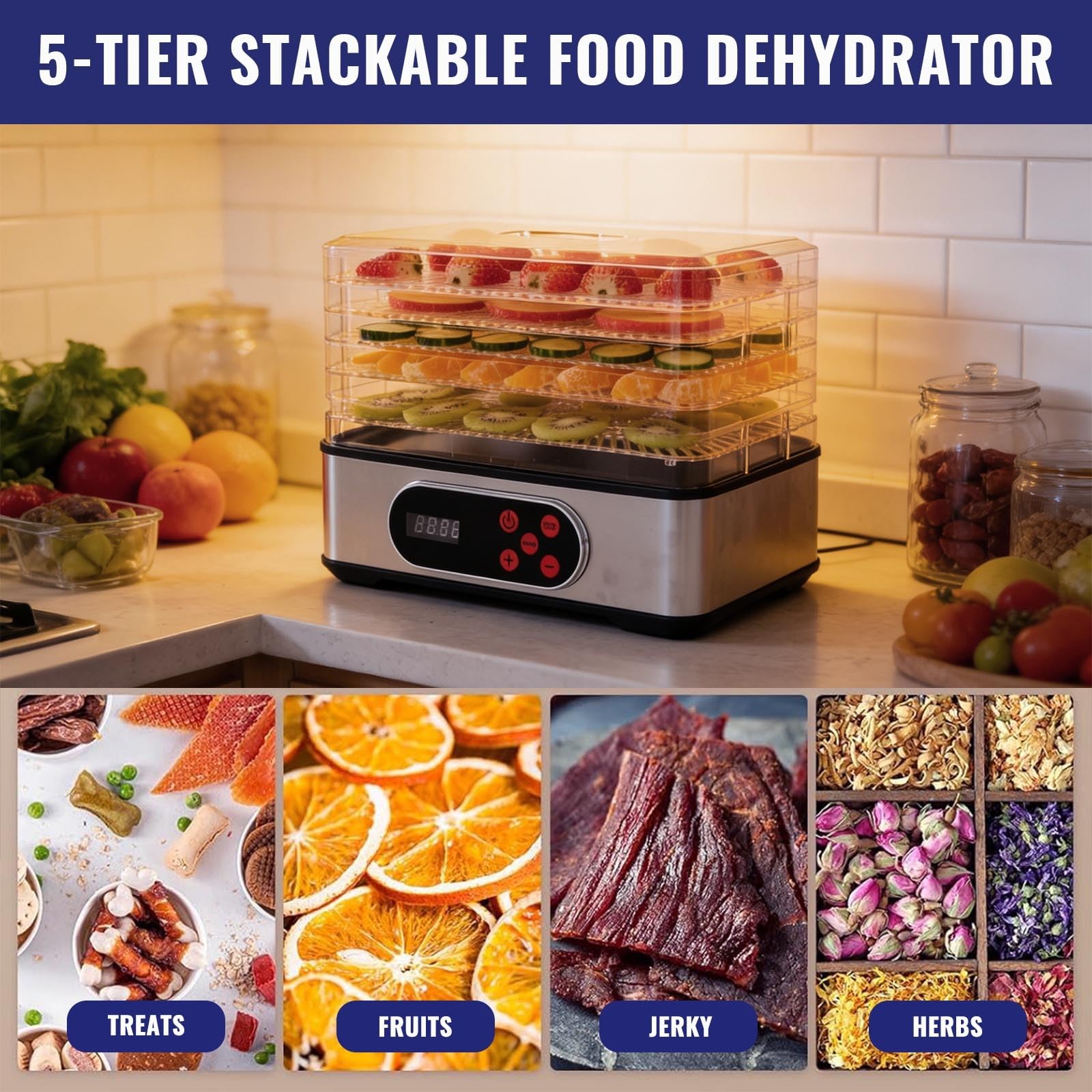 Food Dehydrator Machine, Stainless Steel Dehydrater for Fruit Herb,5 Stackabl...