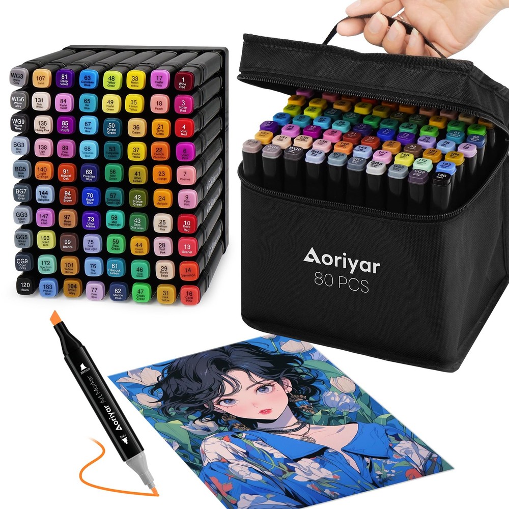 80 Colors Alcohol Based Double Sided Marker Set with Brush Tip and Chisel Tip...