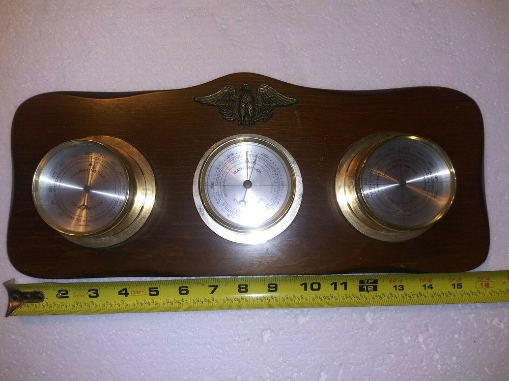 Vintage Springfield Brass Eagle Thermometer Barometer Humidity Real Wood