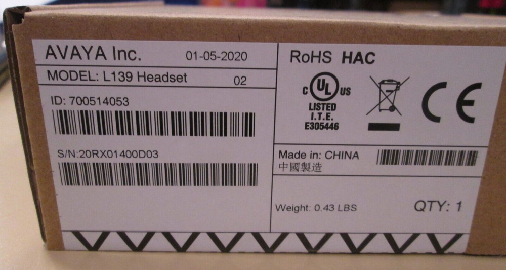 Avaya L139 Headset w/ L100 Controller Quick-Connect to USB Cable
