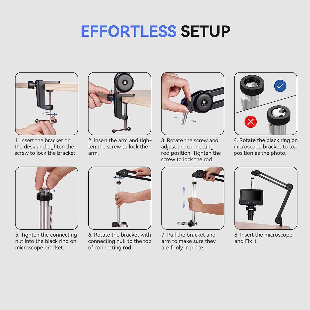 TOMLOV Flexible Arm for Digital Microscope Adjustable Stand + 144 LED Ring Lamp