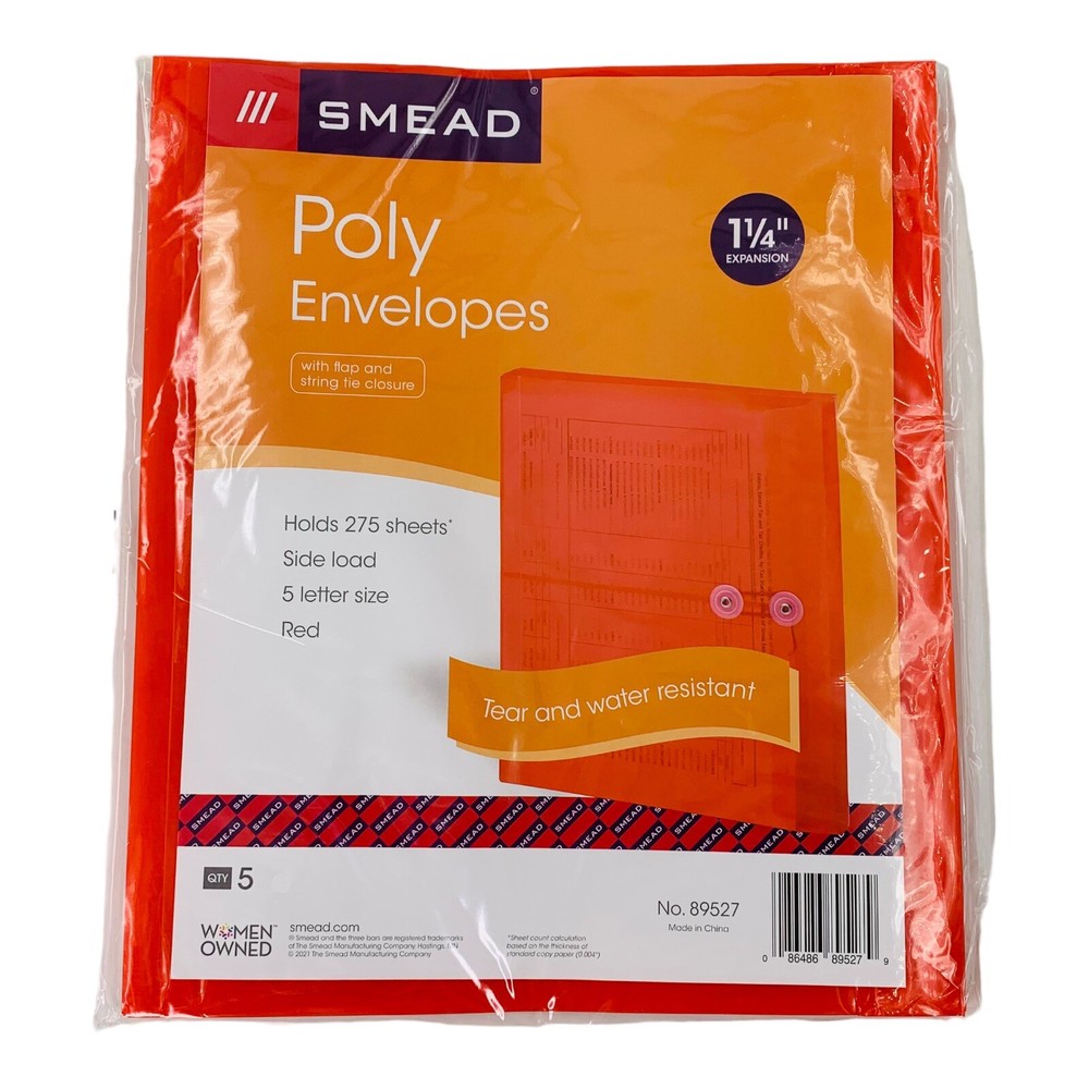 5 Count Smead Red Poly String & Button Envelopes Letter Size 1-1/4" Expansion