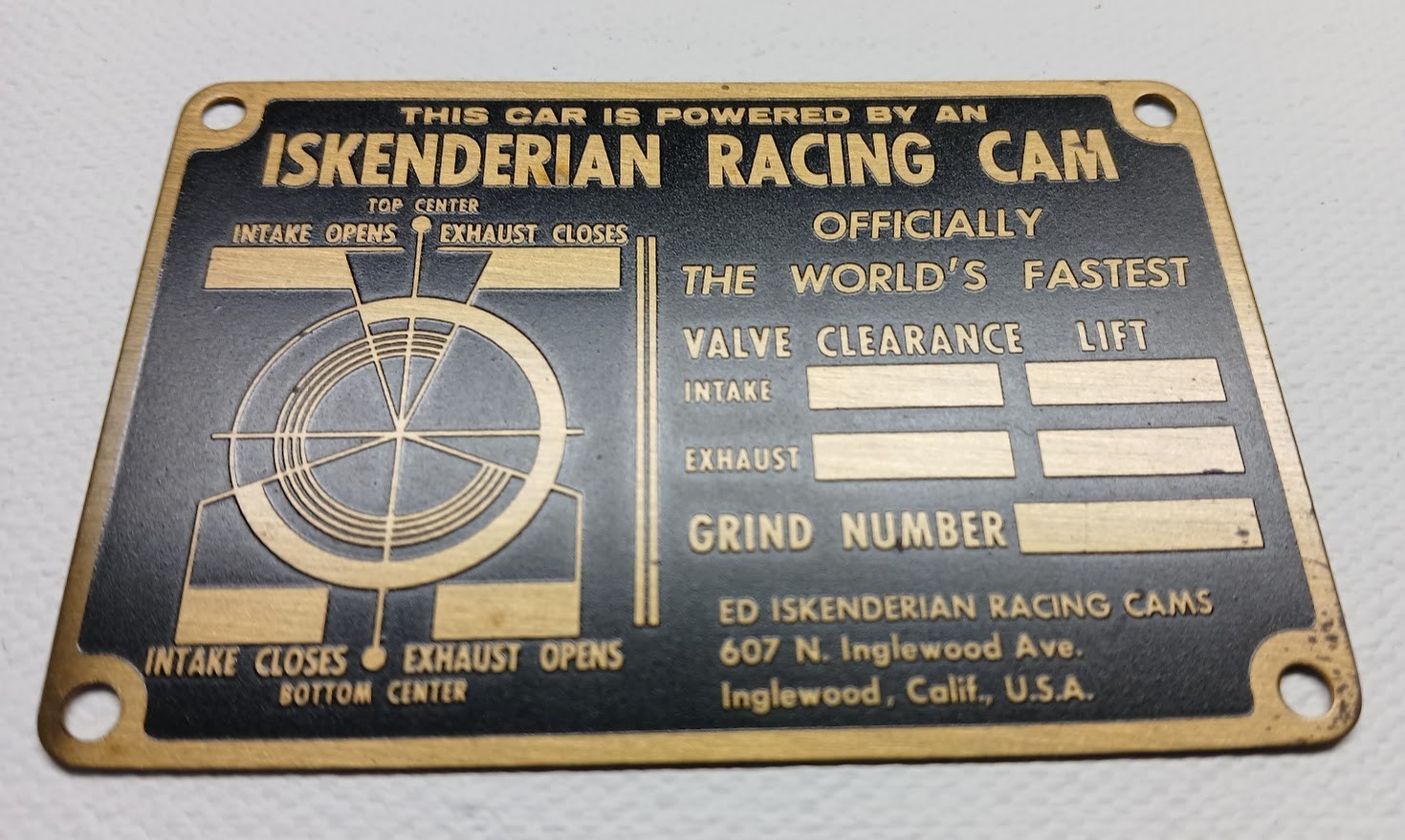 VINTAGE ORIGINAL ISKENDERIAN RACING CAM BRASS DASH PLAQUE TIMING TAG HOT ROD