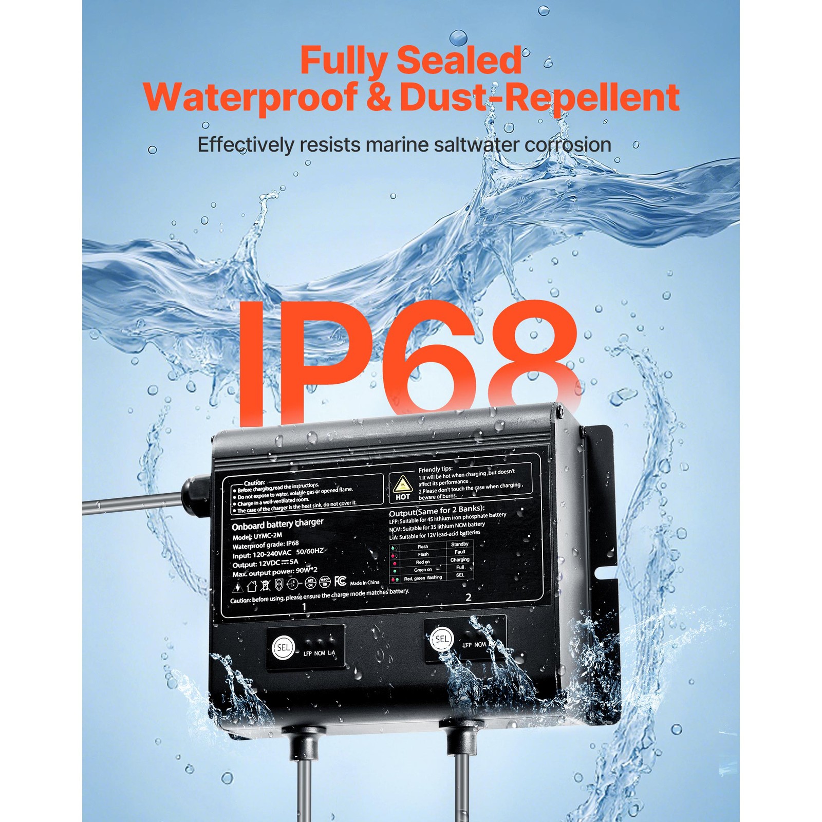 2-Bank 5A 12V Smart Marine Battery Charger Onboard IP68 Waterproof Boat RV Yacht