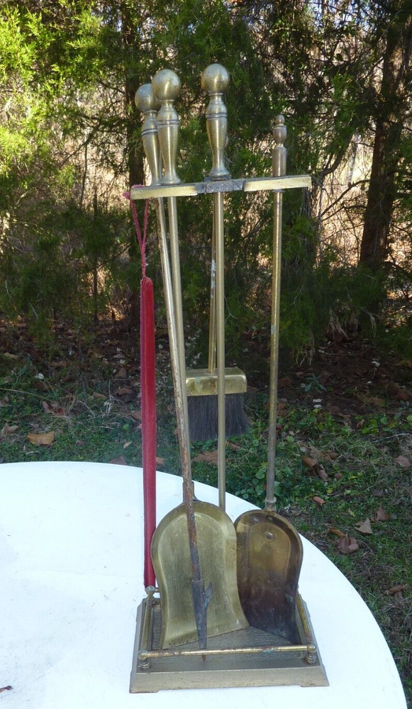 Vintage Fireplace Tool Set Brass Handles Base 4 Piece Tools Set