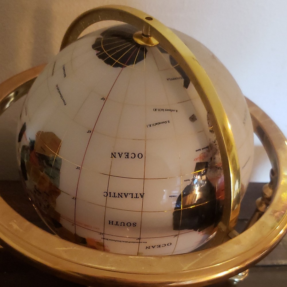 Gemstone Multicolor Tabletop Globe with Gold Metal Base, Rotating Decorative