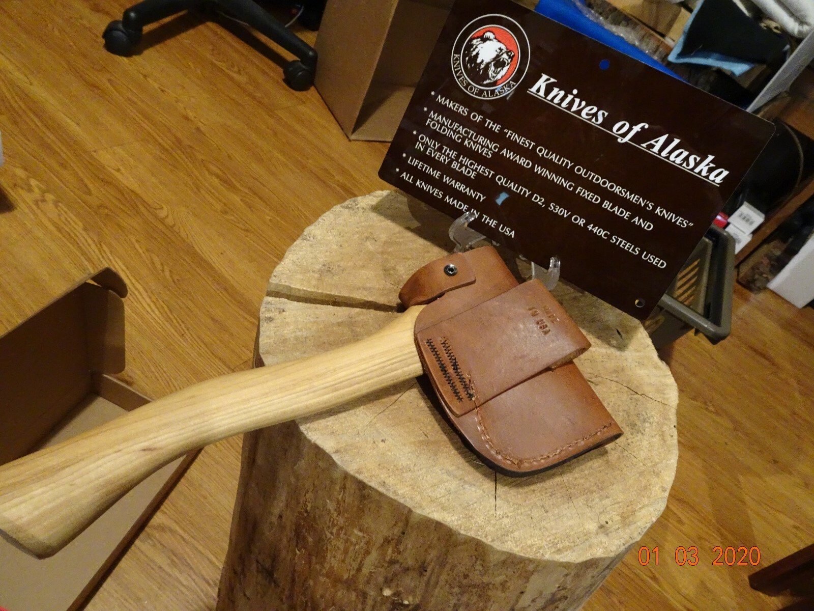 KNIVES OF ALASKA HUNTERS HATCHET WITH LEATHER BELT SHEATH MODEL 070FG A GREAT 1