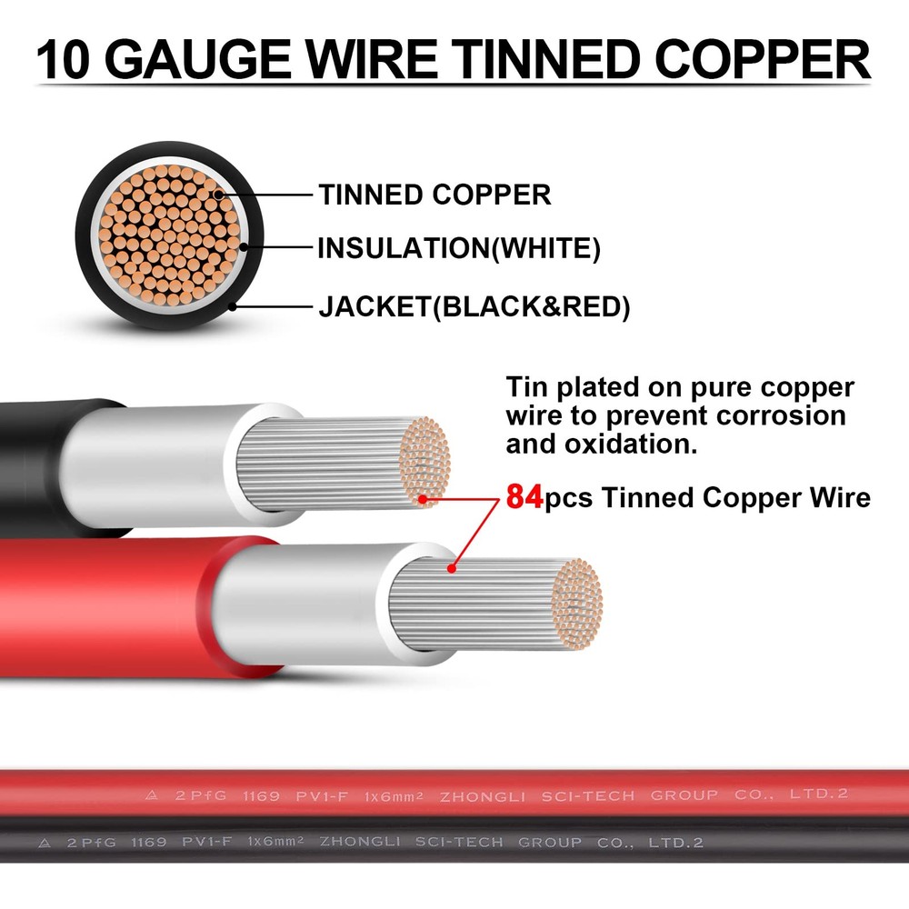 10 Gauge Wire Tinned Copper Tray Cable - Connect Charge Controller and Batter...