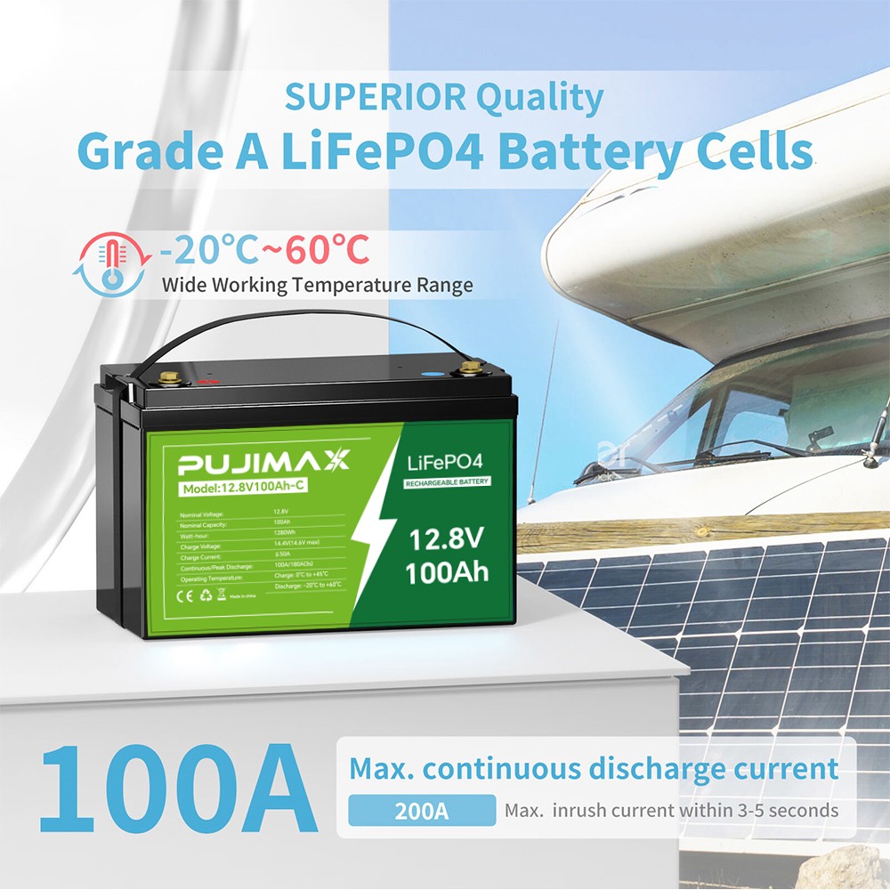 12V 100Ah LiFePO4 Lithium Battery Cycle Deep Built-in BMS for Solar RV Off-grid