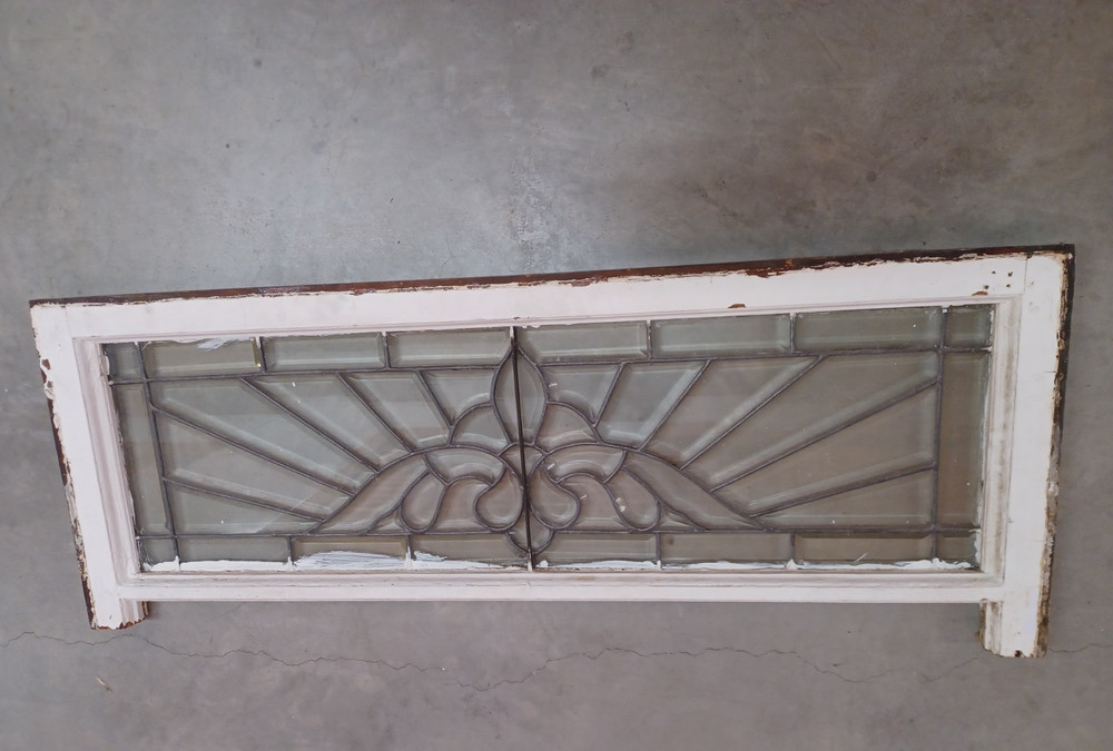 ANTIQUE TRANSOM LEADED BEVELED GLASS WINDOW.
