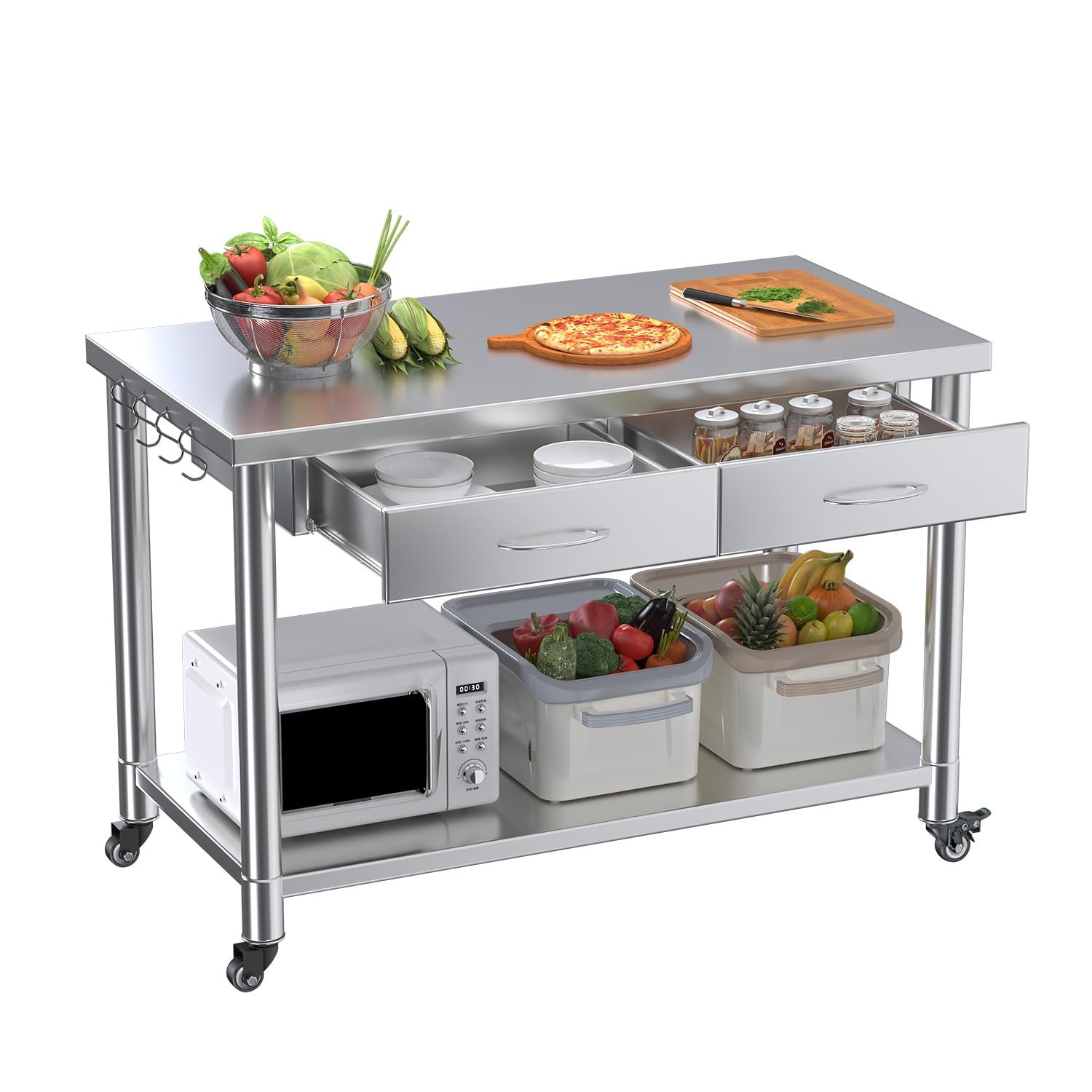 48"x24" Stainless Steel Work Table with Drawers, Rolling Kitchen Prep Workbench